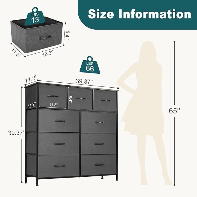 Dresser for Bedroom with 9 Drawers, Anti-Tip Tall Fabric Chests Storage Organizer Tower Furniture with Wooden Top Metal Frame for Clothes, Closet, Living Room, Hallway, Entryway