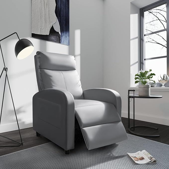 Homall Recliner Chair, Recliner Sofa for Adults, Recliners Home Theater Seating with Lumbar Support, Reclining Sofa Chair for Living Room (Leather, Grey)