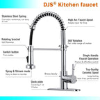 DJS Kitchen Faucets with Pull Down Sprayer Chrome High Arc Single Handle 1 or 3 Holes Spring Kitchen Sink Faucet with Deck Plate for Farmhouse RV Vessel Basin