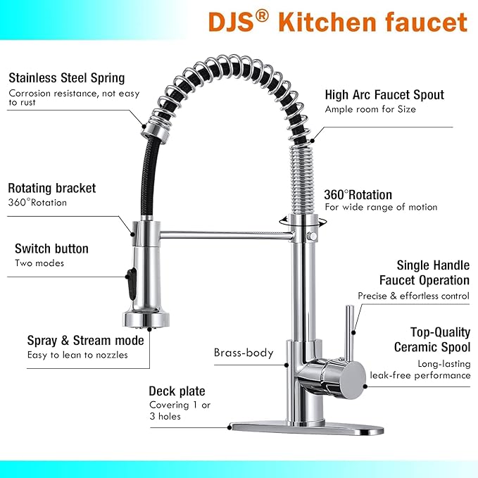 DJS Kitchen Faucets with Pull Down Sprayer Chrome High Arc Single Handle 1 or 3 Holes Spring Kitchen Sink Faucet with Deck Plate for Farmhouse RV Vessel Basin