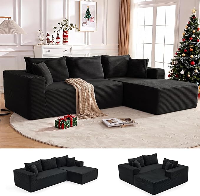 110” Cloud Sectional Couch, Boneless Sofa for Living Room, Modular Sectional Sofa with Deep Seat, Comfy Fluffy Couch with L-Shaped Chaise, No Assembly Required (Right-Facing Chaise, Black)