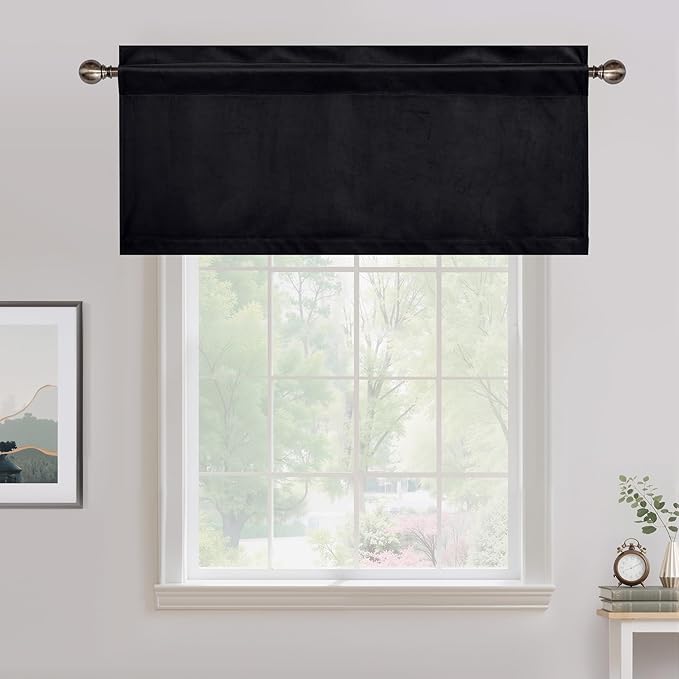NICETOWN Black Velvet Valance Curtains for Windows 16 inch Length, Kitchen Window Treatment Room Darkening, W52 x L16, 1 Panel