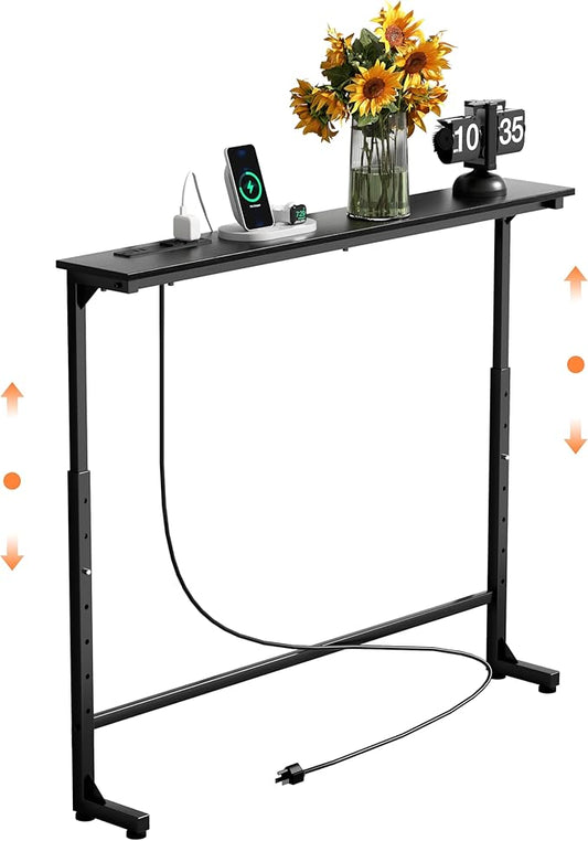 GRLEAF 39" Adjustable Height Narrow Console Table with Power Outlets, Long Sofa Table with Charging Station Behind Couch Table Skinny Entryway Table for Living Room, Hallway and Office – Black