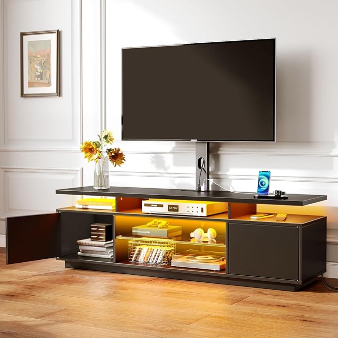 Rolanstar TV Stand with Mount and Power Outlet 59.1", Swivel TV Stand Mount for 32/45/55/60/65/70 inch TVs, Height Adjustable Modern Entertainment Center with Storage & LED Lights, Black TV Table