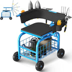 Suntee Garden Seat with Wheels, Rolling Gardening Stool with 360° Swivel Seat & Backrest,Tool Storage Basket & Back Tool Pouch, Adjustable Handle, Outdoor Gardening Scooter, Garden Cart for Seniors