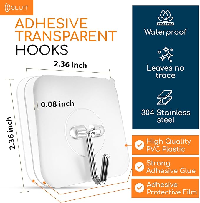 GLUIT Adhesive Wall Hooks for Hanging Heavy Duty 22 lbs Hooks for Walls No Damage, Towel Sticky Clear Hook, Waterproof, Home, Bathroom, Kitchen, Office, and Outdoor 12 Pack