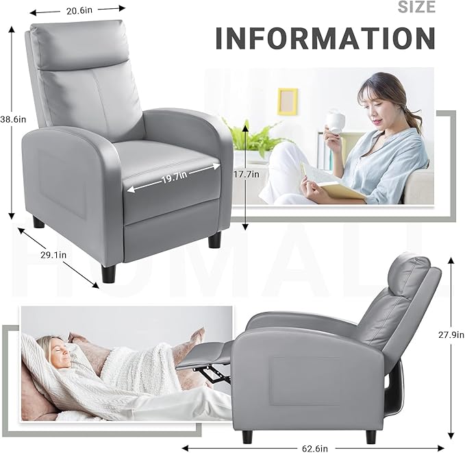 Homall Recliner Chair, Recliner Sofa for Adults, Recliners Home Theater Seating with Lumbar Support, Reclining Sofa Chair for Living Room (Leather, Grey)