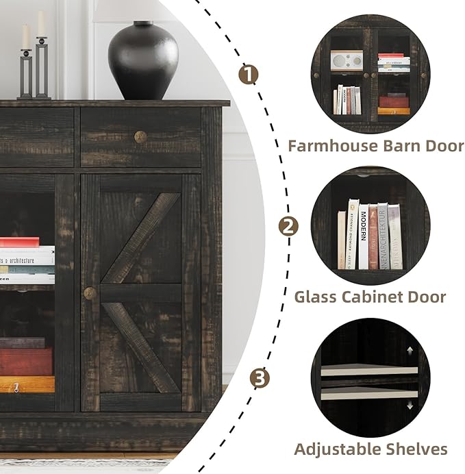 4 EVER WINNER 55" Coffee Bar with 4 Glass Doors and 3 Drawers, Sideboard Buffet Cabinet with Storage, Farmhouse Coffee Bar Cabinet with Adjustable Shelves for Kitchen, Dining Room, Rustic Oak