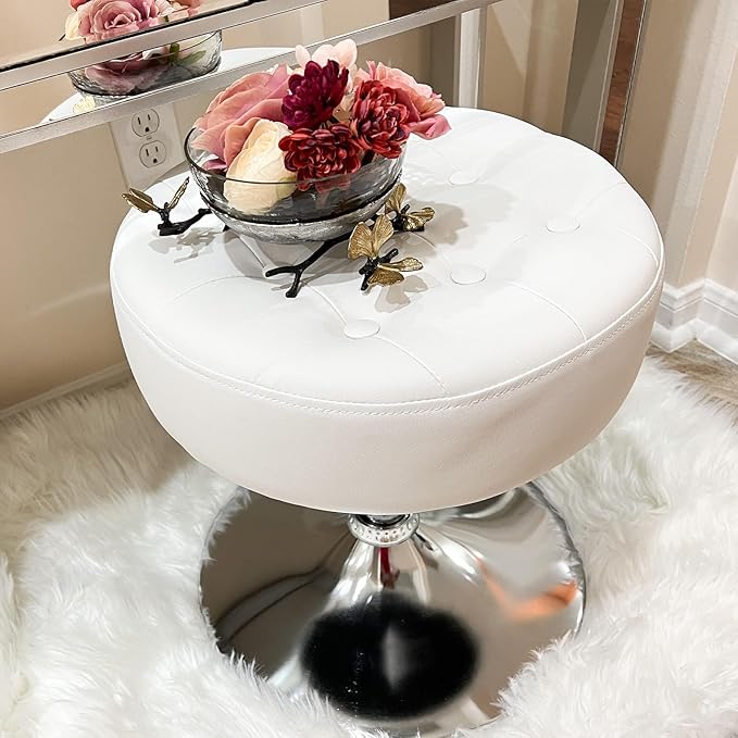 Furniliving PU Leather Makeup Ottoman Stool, 16.5" to 20.5" Height Adjustable Swivel Vanity Stool Round Ottoman Chair for Living Room Bedroom Entryway, IvoryWhite