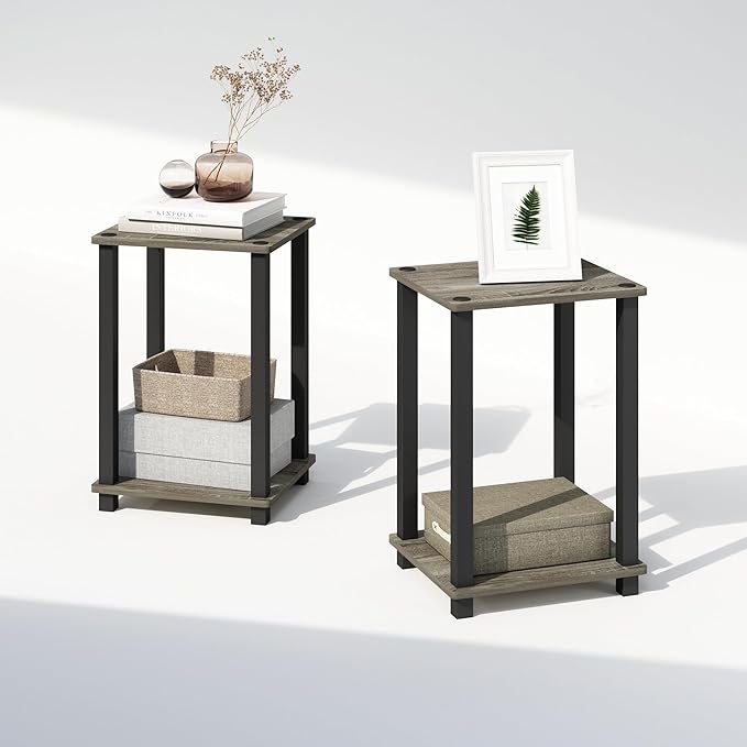 Furinno Simplistic Night Stand Set of 2, 2-Tier Small Nightstand with Open Shelf, Toolless Assembly Bedside Table, End Table, Side Table, for Bedroom, Closet, Dorm, French Oak