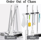 2 Pack 3 Racks and 4 Hooks Broom and Mop Holder Wall Mounted Garage Organizer Storage Tool Racks Stainless Steel Heavy Duty Hooks Self Adhesive Solid Non-slip Wall Hangers for Home Kitchen Garden