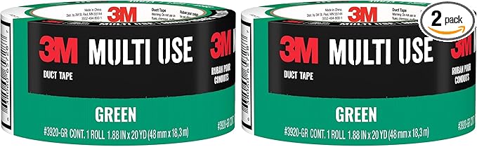 3M Multi-Use Colored Duct Tape, Green with Strong Adhesive and Water-Resistant Backing, Multi-Surface Duct Tape for Indoor and Outdoor Use, 1.88 Inches x 20 Yards, 1 Roll (3920-GR) (Pack of 2)