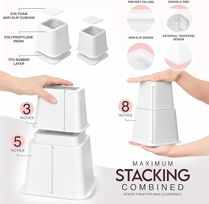 Utopia Bedding Bed Riser, 3 & 5 Inches Adjustable Furniture Risers for 8 Inch Combined Furniture Lift, Under Bed Storage & Dorm Room Essential, Supports Up to 1,300 lbs (4 Set, White)