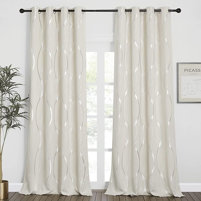 NICETOWN Extra Long Blackout Curtains for Large Window, Beige, 52" Width x 120" Length, 2 Panels, Foil Printed Wave Lines Energy Saving Thermal Insulated Draperies for Kids Nursery Boys Bedroom