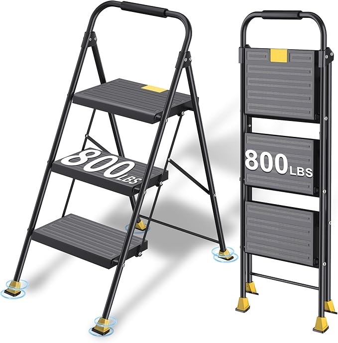Foldable Step Ladder Folding Stool - 800Lbs Heavy Duty with Handrails for Home Adults Kitchen 3 Stepping Extension Tall - Indoor House Closet Stepstool Stair Ladders Extendable Stepladder