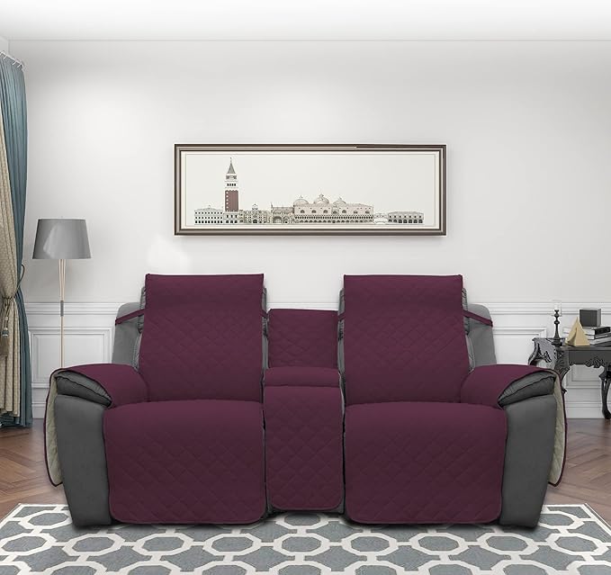 Easy-Going Loveseat Recliner Cover with Console, Reversible Couch Cover for Living Room, Split Sofa Cover for Each Seat with Elastic Straps for Kids, Dogs, Pets(2 Seater, Wine/Beige)