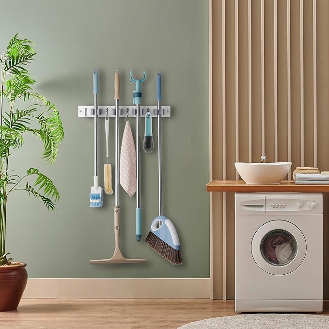 White Mop Broom Holder Wall Mount with 4 Slots & 4 Hooks - Wood Broom Mop Hanger for Pantry Closet Laundry Room Organization - Heavy Duty Garden Tool Organizer - White Kitchen Decor