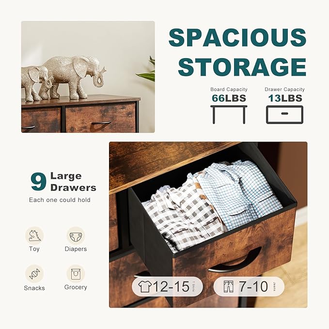 Dresser for Bedroom with 9 Drawers, Anti-Tip Tall Fabric Chests Storage Organizer Tower Furniture with Wooden Top Metal Frame for Clothes, Closet, Living Room, Hallway, Entryway