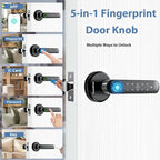 Fingerprint Door Lock Biometric Door Knob with Keypad Keyless Entry, 5-in-1 Door Locks for Bedrooms(Fingerprint/App/Code/Key/IC Card), Home Hotel Office Apartment Black