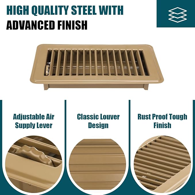 VOISEN Floor Register 4x8, 2 Pack Floor Vent Covers, Steel Adjustable Air Supply Grille Register Vent Cover Grill for Sidewall and Floor, Vent Covers for Home Floor,Brown