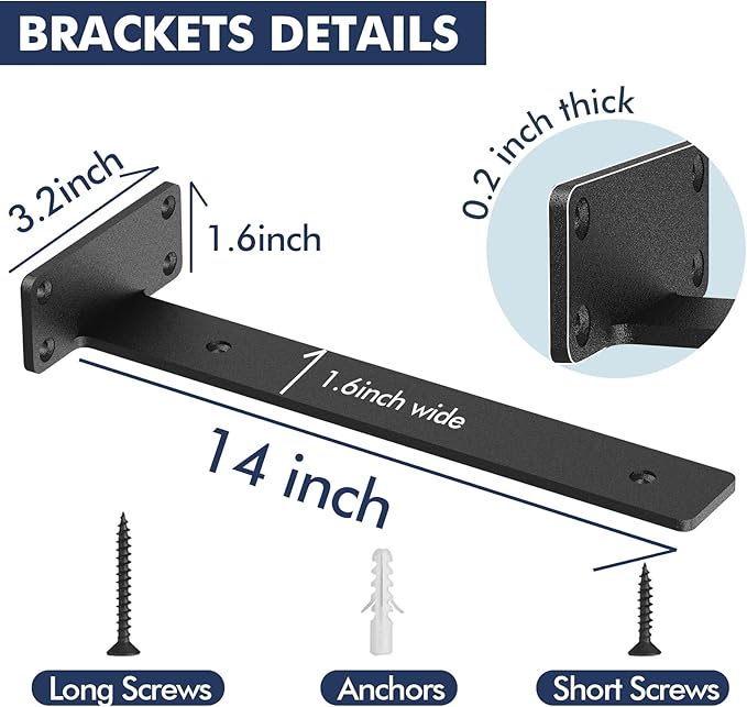 4 Pack Floating Shelf Brackets,14 inch Heavy Duty Industrial Shelf Bracket, Black Metal L Brackets for Shelves Support DIY(1/5 Inch Thicked)
