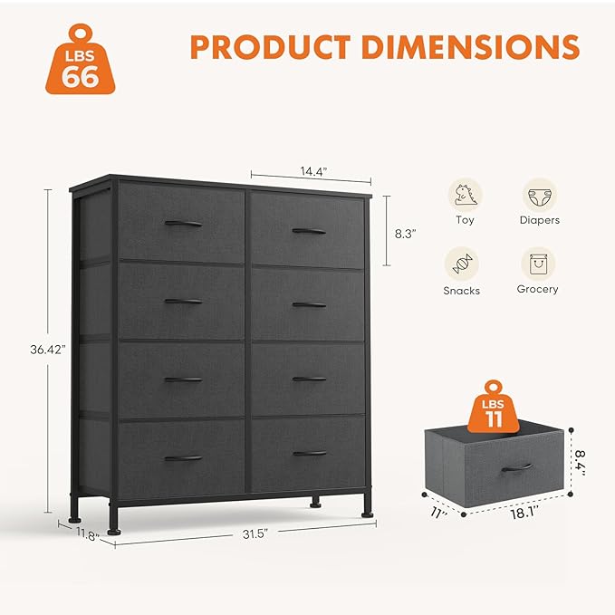 Dresser for Bedroom with 8 Drawers, Anti-Tip Tall Fabric Chests Storage Organizer Tower Furniture with Wooden Top Metal Frame for Clothes, Closet, Living Room, Hallway, Entryway