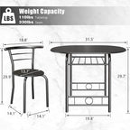 JUMMICO 3-Piece Wooden Round Table & Chair Set, Space Saving Kitchen Breakfast Nook Wood Grain Tabletop with Metal Frame and Built-in Wine Rack for Kitchen, Dining Room (Black)