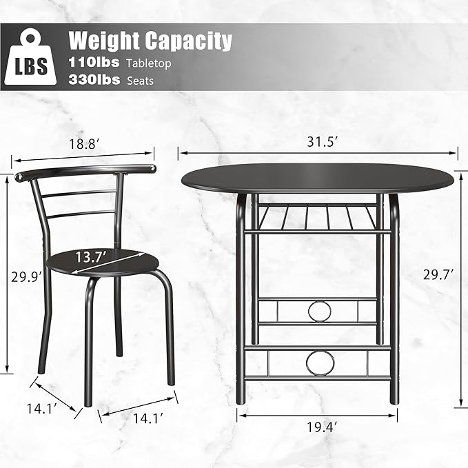 JUMMICO 3-Piece Wooden Round Table & Chair Set, Space Saving Kitchen Breakfast Nook Wood Grain Tabletop with Metal Frame and Built-in Wine Rack for Kitchen, Dining Room (Black)