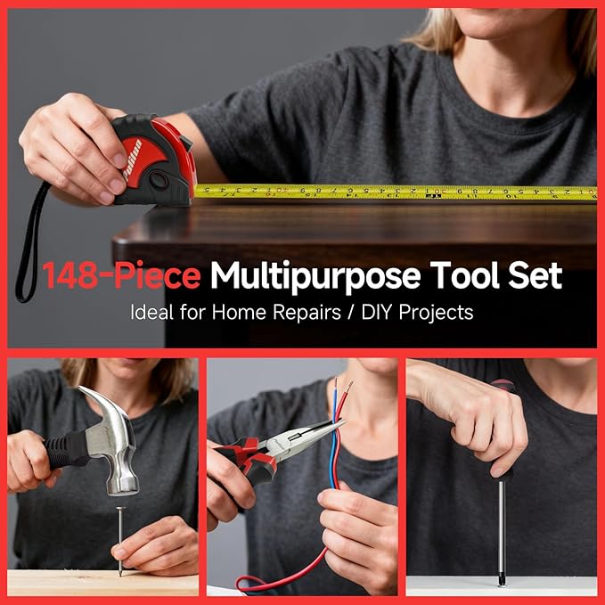 PULITUO 148-Piece Home Drill Set with 12V Red Cordless Drill, Hand Tools, Tool Box, Ideal for Men, Women, and DIY Enthusiasts for Home Improvement.