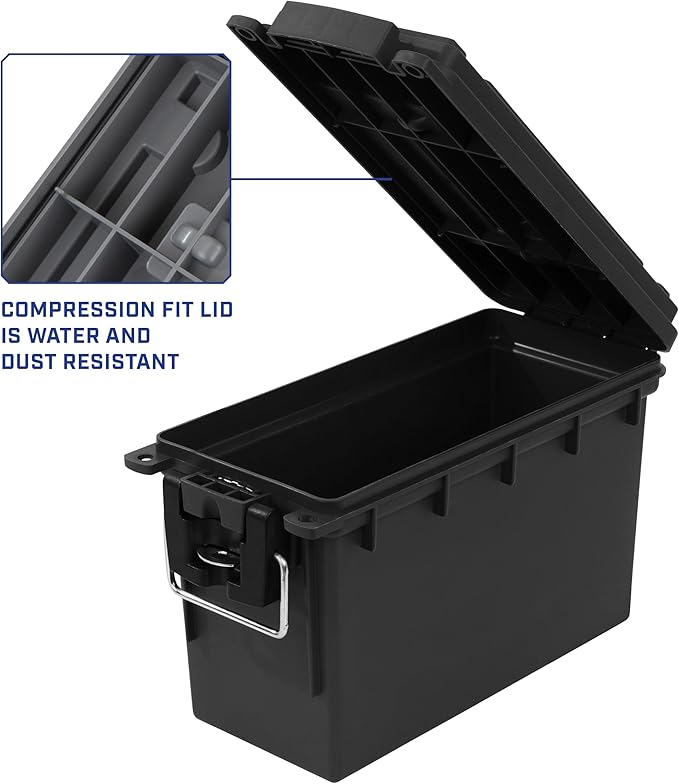 Sheffield 12629 Ammo Storage Box, Stackable .30 Cal Field Boxes, Water and Dust Resistant, Lockable Storage Box with Handle, Secures Hunting Gear, Supplies, and Bullets, Made in USA, Black, 1-Pack