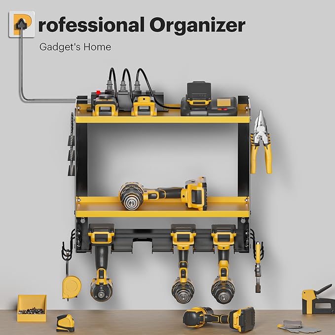 Power Tool Organizer Wall Mount with Charging Station, Tool Battery Holder with 4 Outlet Power Strip15 Min Assembly & Maximum 100lb Load by Heavy Duty Metal, 4 Slots for Cordless Drill