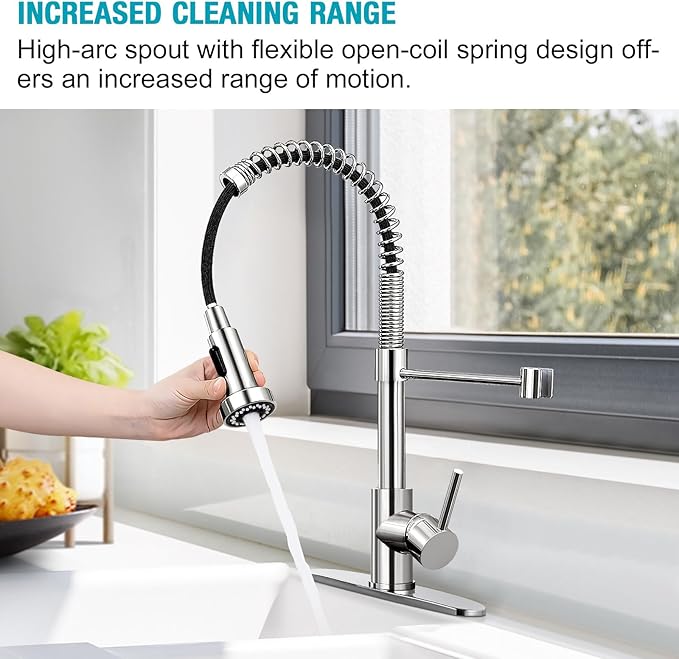 DJS Kitchen Faucets with Pull Down Sprayer Chrome High Arc Single Handle 1 or 3 Holes Spring Kitchen Sink Faucet with Deck Plate for Farmhouse RV Vessel Basin