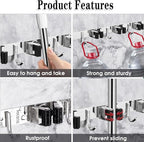 2 Pack Mop and Broom Holder Wall Mount, 5 Racks and 4 Hooks Broom Organizer Storage Tool Racks Stainless Steel Heavy Duty Hooks Self Adhesive Solid Non-slip for Home Kitchen Garden Laundry Garage