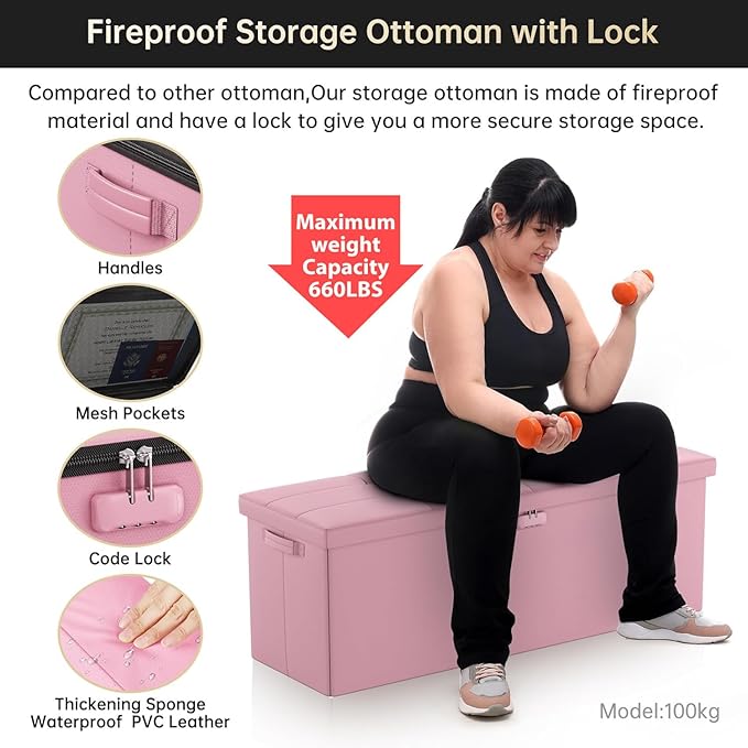 DocSafe Storage Ottoman Bench, Fireproof＆Waterproof Folding Bench with Lock(15”x 43”x15”), Leather Storage Chest with Handles＆2 Extra Boxes, Ottoman Safe for Bedroom,Living Room,Home Office, Pink