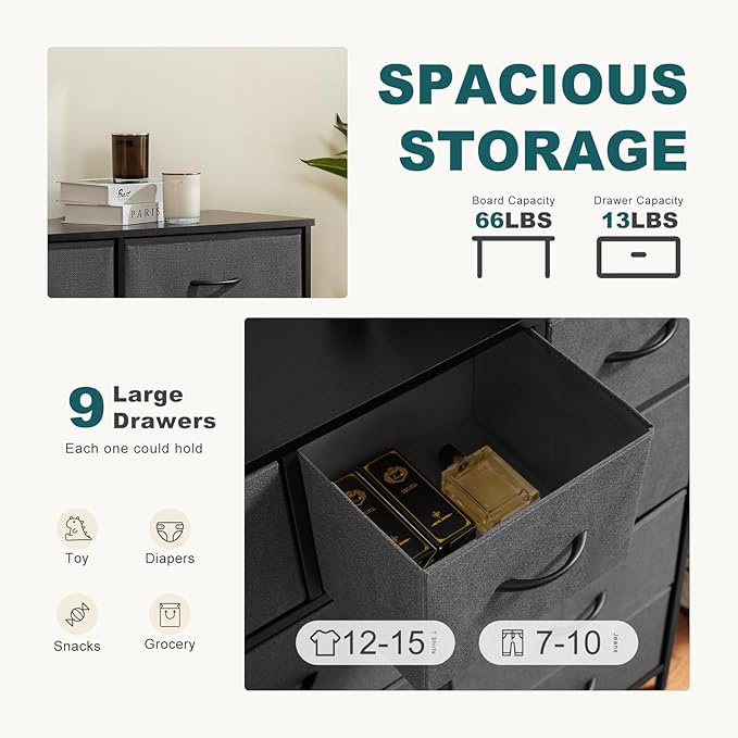 Dresser for Bedroom with 9 Drawers, Anti-Tip Tall Fabric Chests Storage Organizer Tower Furniture with Wooden Top Metal Frame for Clothes, Closet, Living Room, Hallway, Entryway