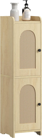 Bathroom Storage Cabinet, Small Corner Floor Cabinet with 2 Doors and Adjustable Shelf, Narrow Toilet Paper Cabinets, Bathroom Organizer for Small Spaces, 7.9"D x 7.9"W x 29.5"H Rattan Yellow