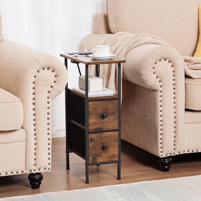 Narrow Nightstand with Charging Station, End Tables Living Room Set of 2, Skinny Side Table with Fabric Drawers, Slim Sofa Table for Bedroom, Small Spaces, Couch, Brown, HETNDP02BR