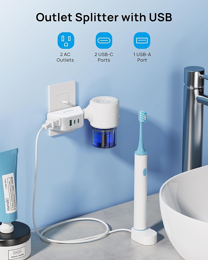 TROND Outlet Extender with USB C PD 20W, Outlet Splitter with 2 AC Sockets, 3-Side Design Wall Plug Adapter, for Home Office Cruise Travel Essentials, White