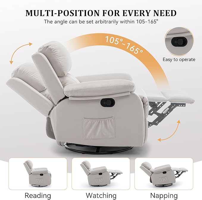 Recliner Chair, 360 Swivel Rocker Chair for Adults, Small Rocking Recliner for Small Spaces, Upholstered Fabric Glider Recliner Nursery (Swivel Rocker Recliner, Off White)