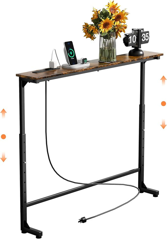 GRLEAF 45" Adjustable Height Narrow Console Table with Power Outlets, Long Sofa Table with Charging Station Behind Couch Table Skinny Entryway Table for Living Room, Hallway and Office – Rustic Brown