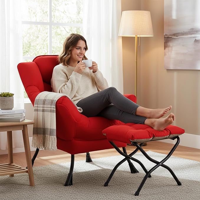 Welnow Lazy Chair with Ottoman, Modern Accent Chair with Armrests and a Side Pocket, Leisure Sofa Armchair Set, Reading Armchair with Footrest for Small Space, Red