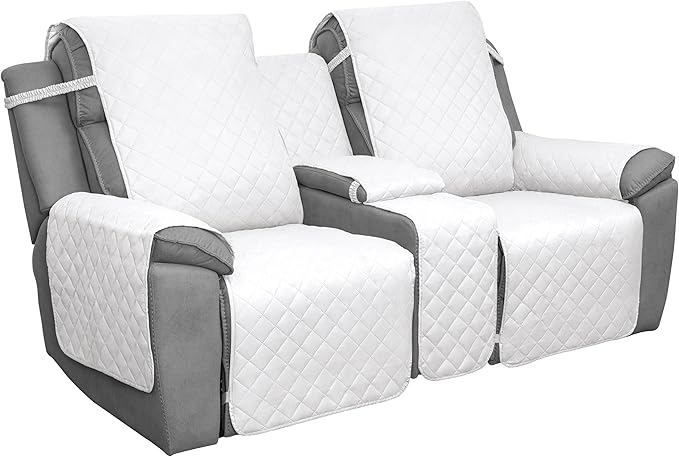Easy-Going Loveseat Recliner Cover with Console, Reversible Couch Cover for Living Room, Split Sofa Cover for Each Seat with Elastic Straps for Dogs, Pets(2 Seater, White/White)