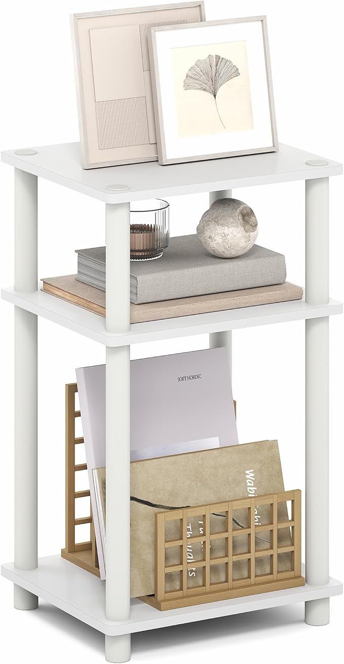 Furinno Turn-N-Tube Side Table, 3-Tier End Table with Open Shelf, Toolless Assembly Night Stand, Bedside Table, for Living Room, Bedroom, White