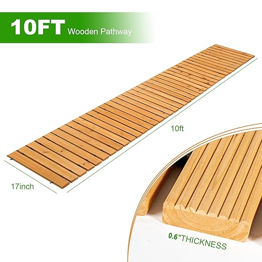LINSHRY 10FT Wooden Garden Pathway, Outdoor Roll Out Decorative Garden Walkway, Weather-Resistant Non-Slip Hardwood Walkway Pavers for Garden, Backyard, Beach, Wedding Party Pathways