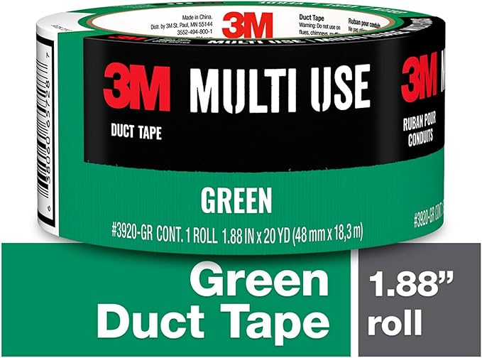 3M Multi-Use Colored Duct Tape, Green with Strong Adhesive and Water-Resistant Backing, Multi-Surface 3M Duct Tape for Indoor and Outdoor Use, 1.88 Inches x 20 Yards, 1 Roll (3920-GR)