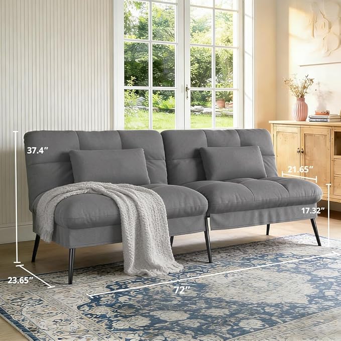 COMHOMA 72″Futon Sofa Bed,Modern Convertible Sleeper Sofa, Fabric Futon Couch with Multi-Position Backrest for Living Room Furniture (Gray)