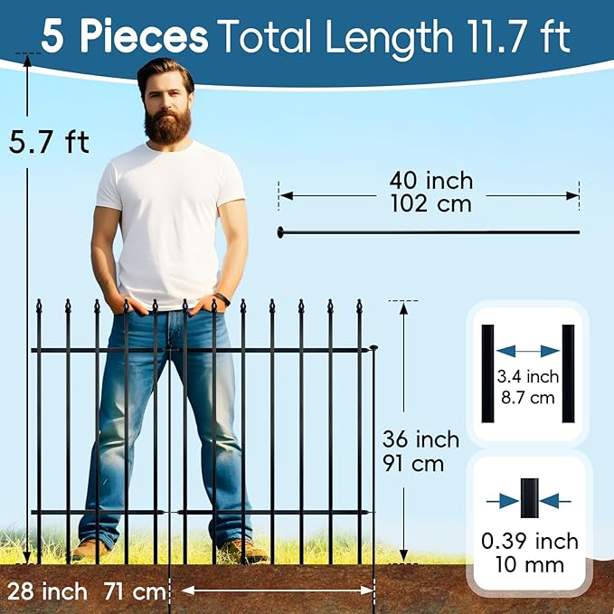 Metal Decorative Garden Fence 36" H x 28" W (5 Panels, Total Length 11.6 feet), Metal Border Folding Fence, Landscape Fencing Dog Fence Pet Fence for Flower Bed, Yard, Animal Barrier