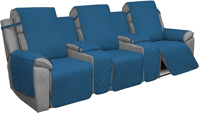 Easy-Going Recliner Sofa Cover with Console, Reversible Couch Cover for Living Room, Split Sofa Cover for Each Seat with Elastic Straps for Kids, Dogs, Pets (3 Seater, Peacock Blue/Beige)
