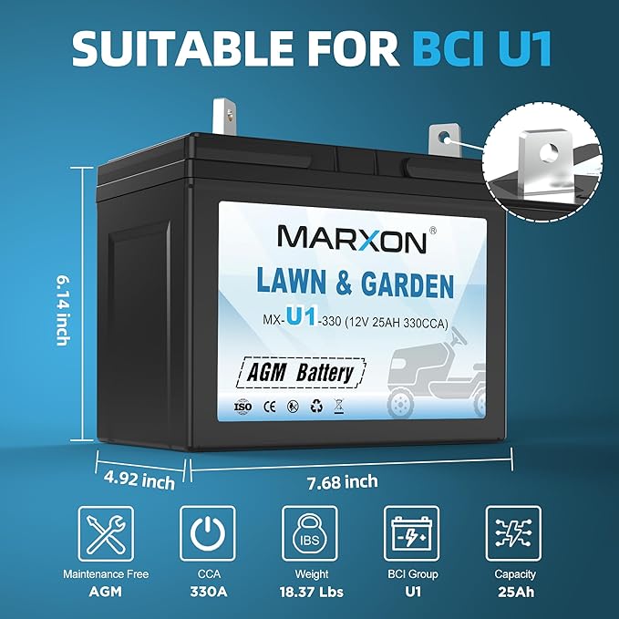 MARXON U1 12v 330CCA Riding Lawn Mower Battery, Garden Tractors Battery Maintenance Free AGM Batteries Compatible with Troy-Bilt John Deere Toro Cub Cadet Craftsman Ariens Poulan Pro Massey Ferguson