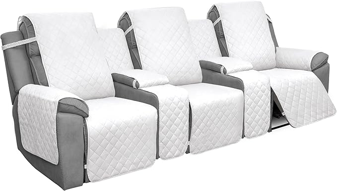 Easy-Going Recliner Sofa Cover with Console, Reversible Couch Cover for Living Room, Split Sofa Cover for Each Seat with Elastic Straps for Kids, Dogs, Pets (3 Seater, White/White)